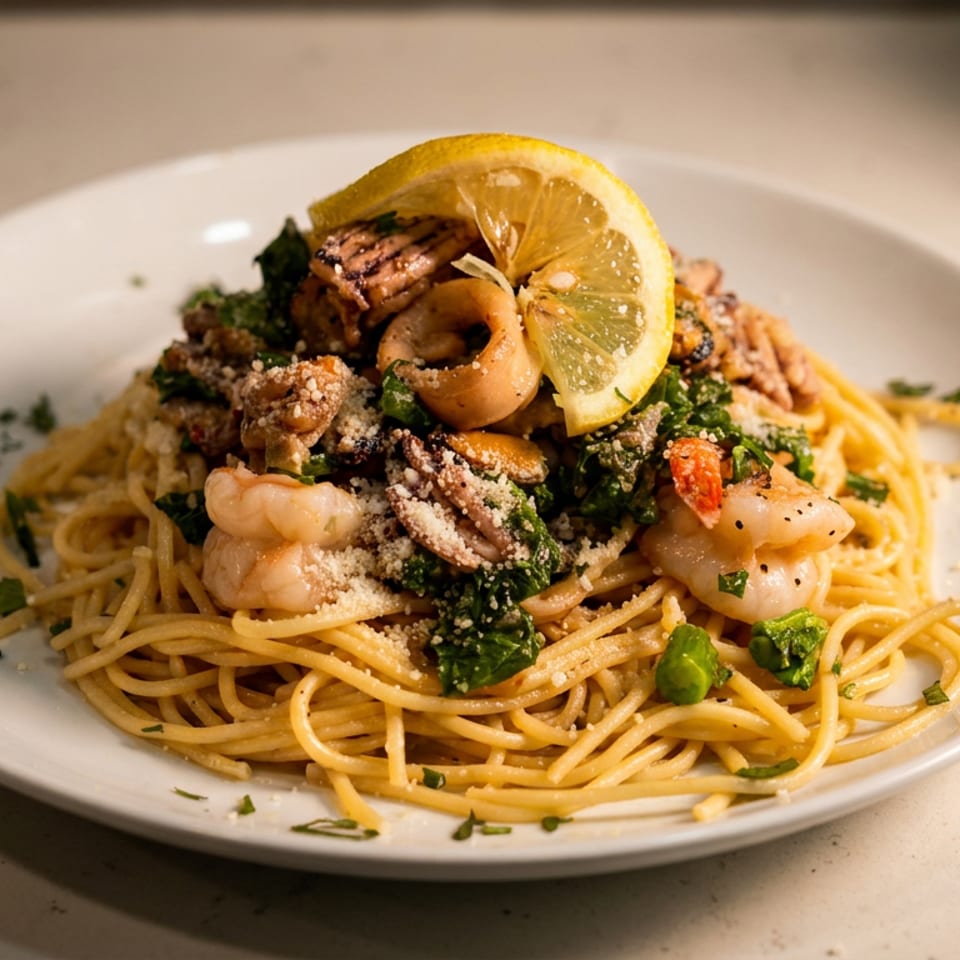 Plate of spaghetti topped with shrimp, mussels, greens, grated cheese, and a lemon slice.