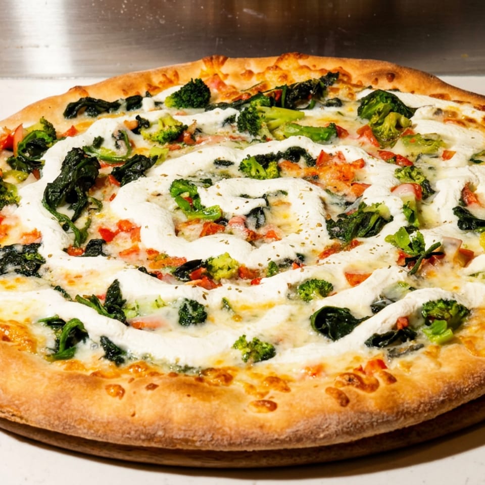 Vegetable pizza with broccoli, spinach, tomatoes, and melted white cheese on a wooden serving board.