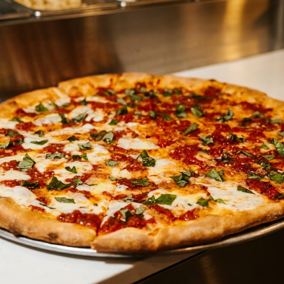 Large thin-crust Margherita pizza topped with tomato sauce, melted mozzarella, and fresh basil on a metal serving tray.