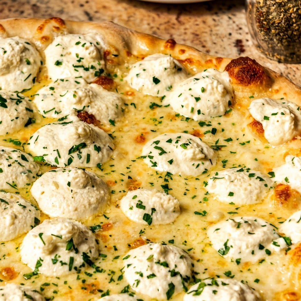 Close-up of a golden cheese pizza topped with dollops of ricotta, fresh herbs, and jars of spices on a countertop.
