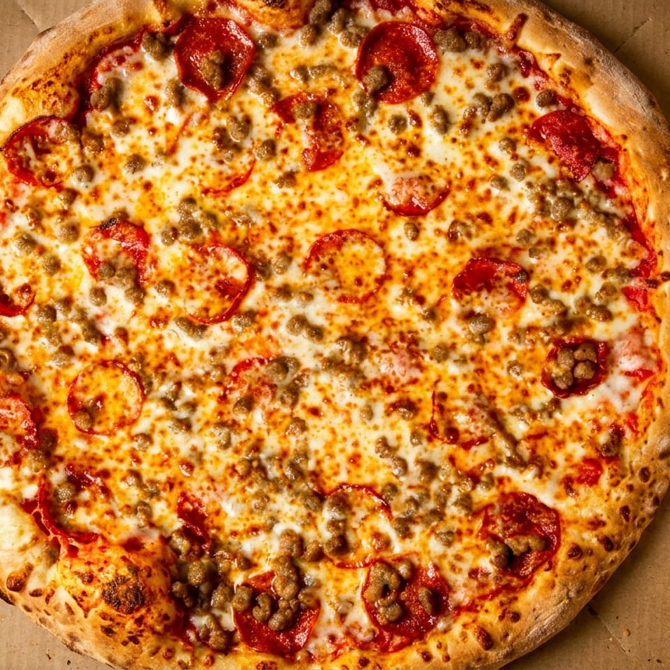 Pepperoni and sausage pizza with melted cheese in an open cardboard box on a rustic countertop.